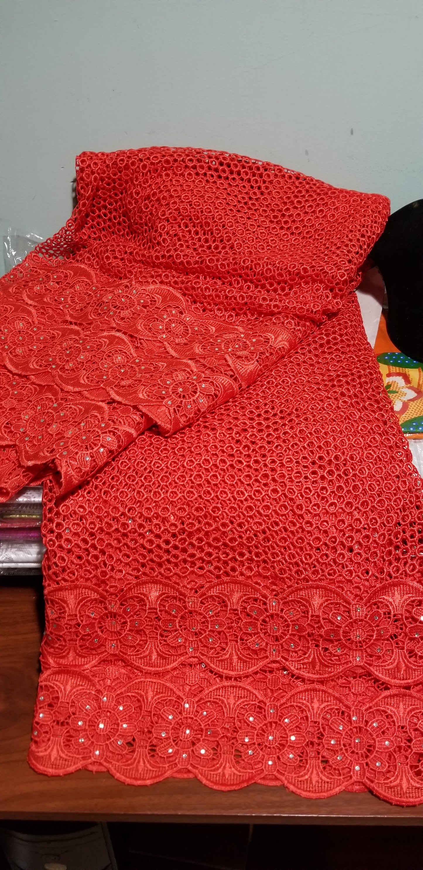 Clearance Item! Red cord-Lace. Super quality embellish with crystal stones. Nigerian Nigerian Guipure/cord lace fabric for making party outfit sold per 5yds. Price is for 5yds
