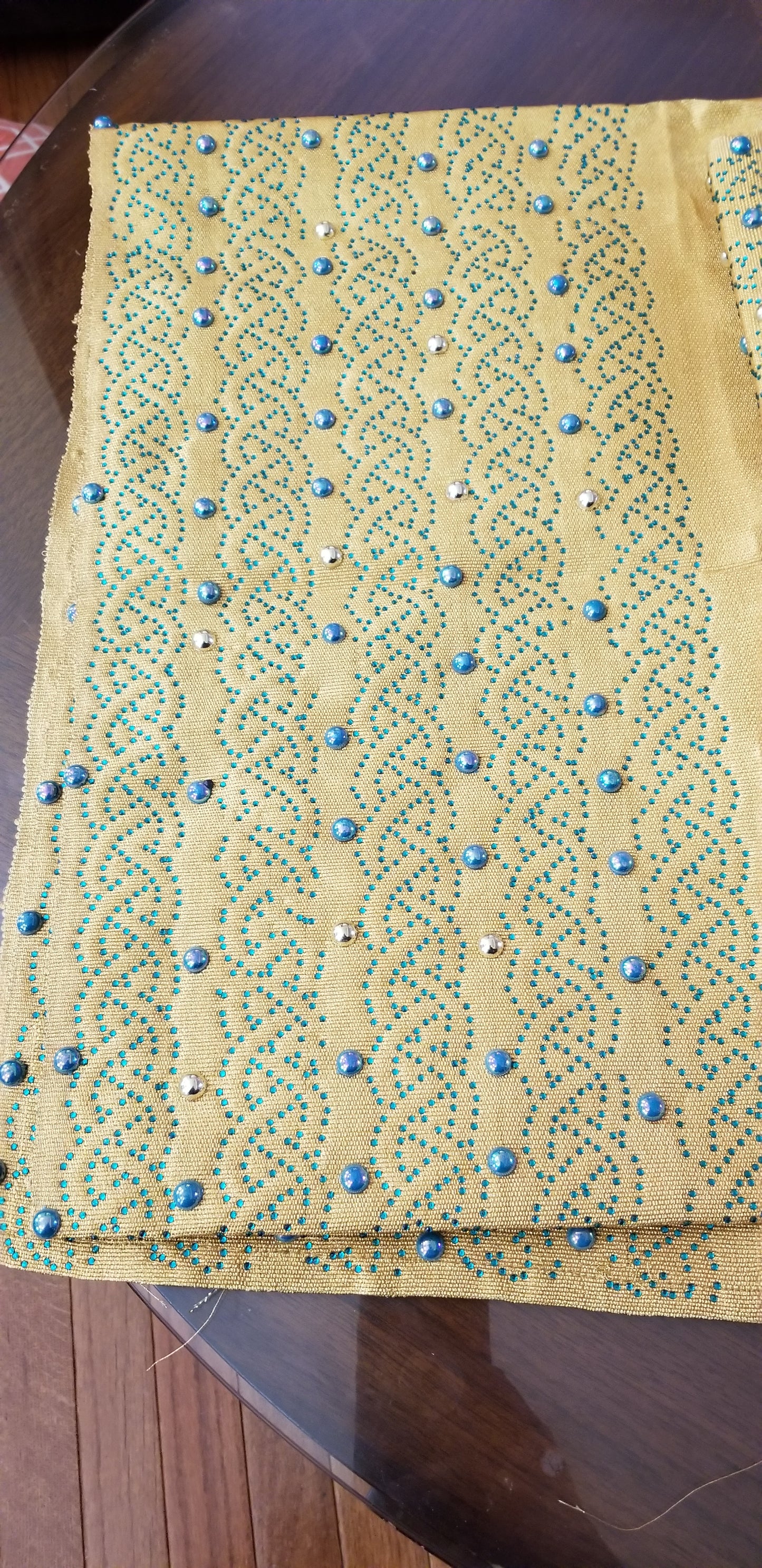 Special offer: mustered yellow aso-oke beaded/stoned with Teal blue. Classic combination design for making lastest Gele/head tie. Nigerian tradional Aso-oke for making gele. Sold as gele only