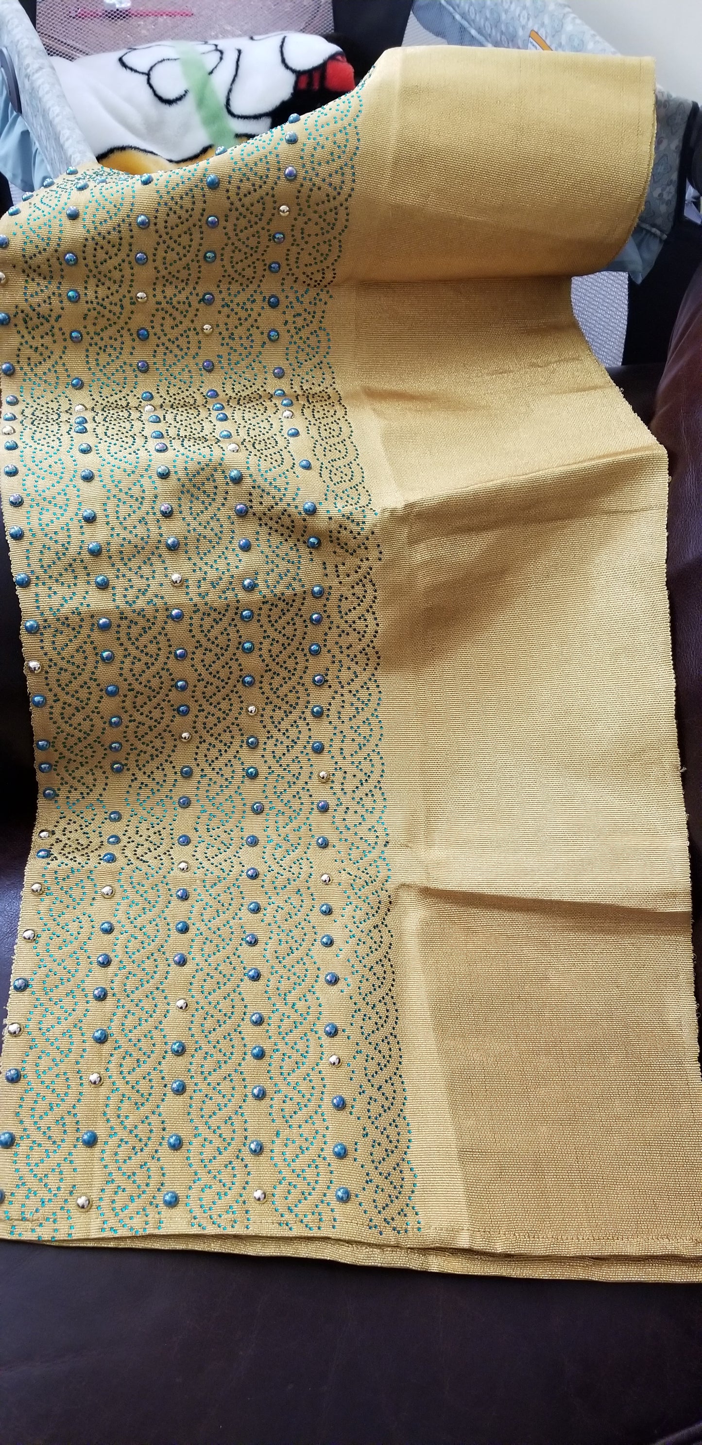 Special offer: mustered yellow aso-oke beaded/stoned with Teal blue. Classic combination design for making lastest Gele/head tie. Nigerian tradional Aso-oke for making gele. Sold as gele only