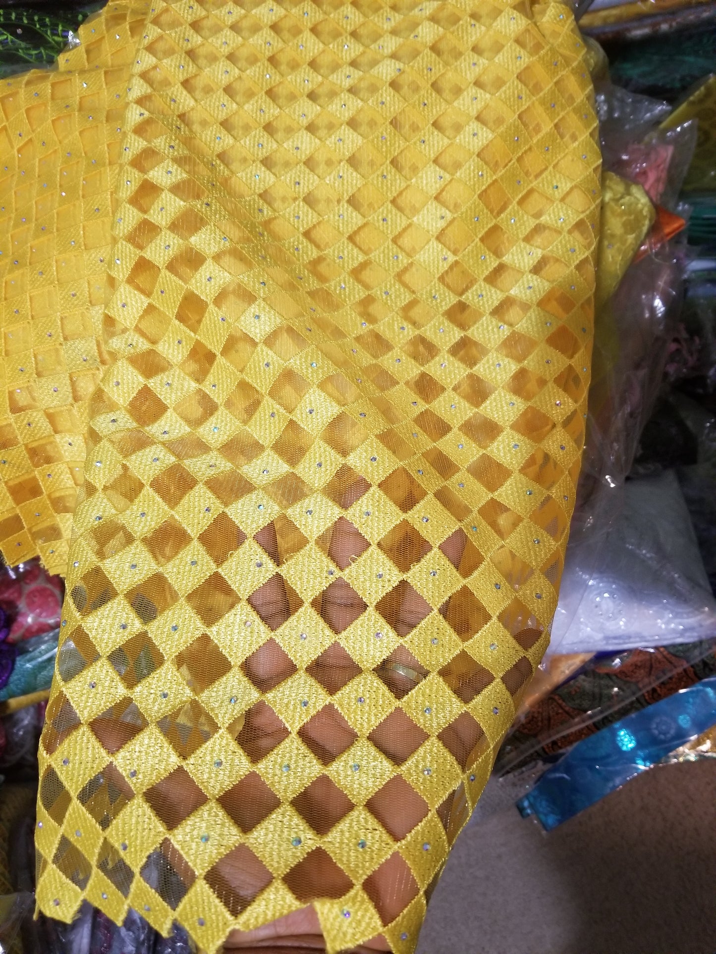 Clearance: African French lace fabric in verbrant yellow. All over crystals stones. Sold per 5 yards.