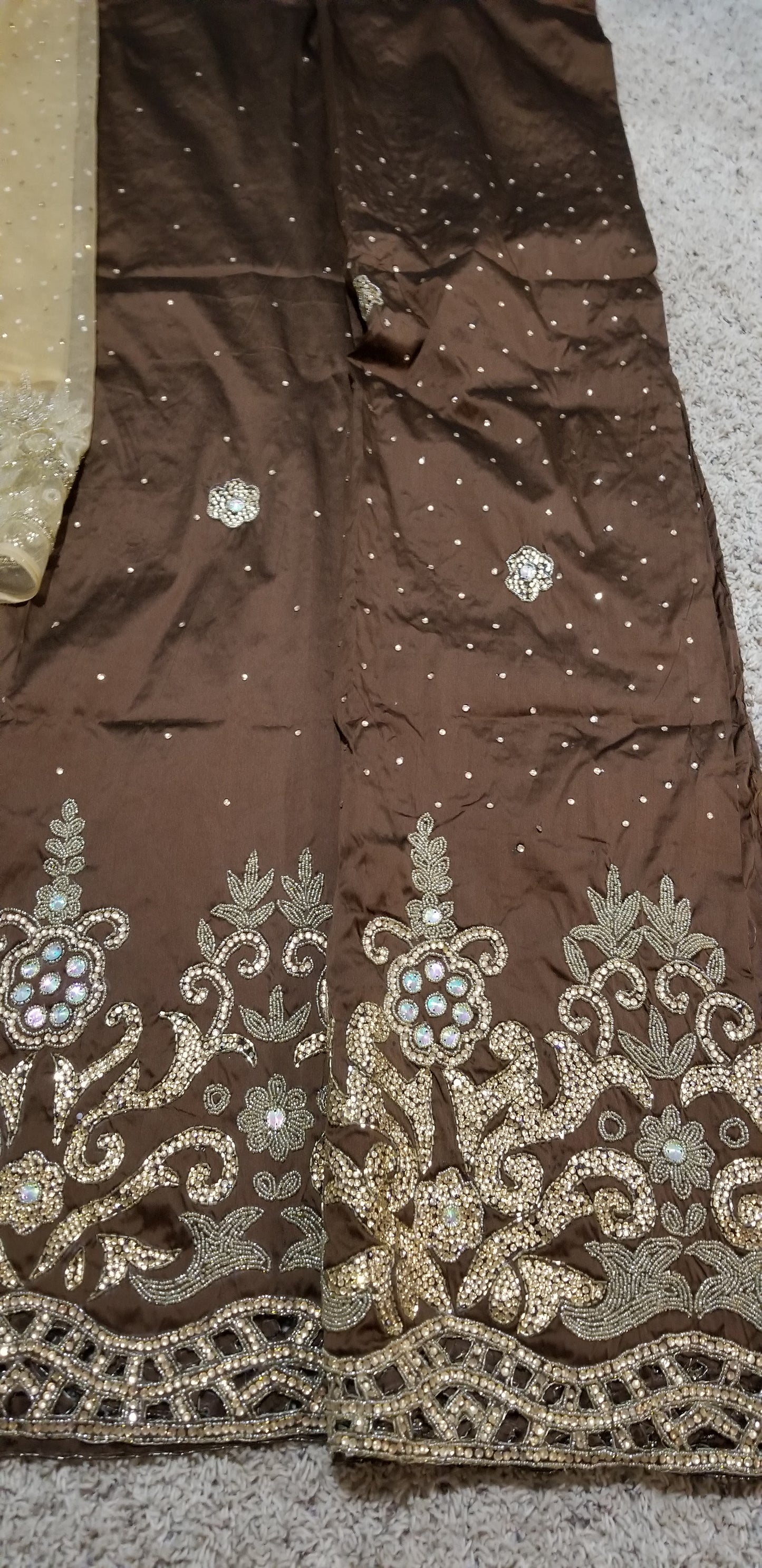 Sale: New arrival chocolate VIP George wrapper. Nigerian/Igbo/delta women Wrapper in silk George, all hand crystal stones. Chocolate/chocolate 5yds+ 1.8yds matching net blouse