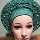 Mint green Auto-gele beaded and stoned. All made gele ready to wear. One size fit