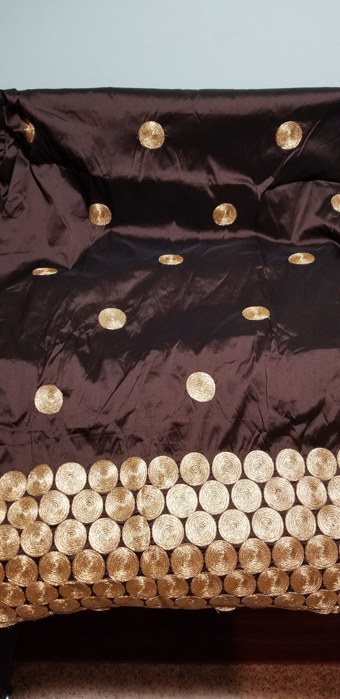 Hot sale!  Original quality indian Embroidery Silk George wrapper  for Nigerian party dresses. Indian-george. Beautiful chocolate brown with all over Gold embroidery Sold per 5yds.  Feel the difference in Quality!!