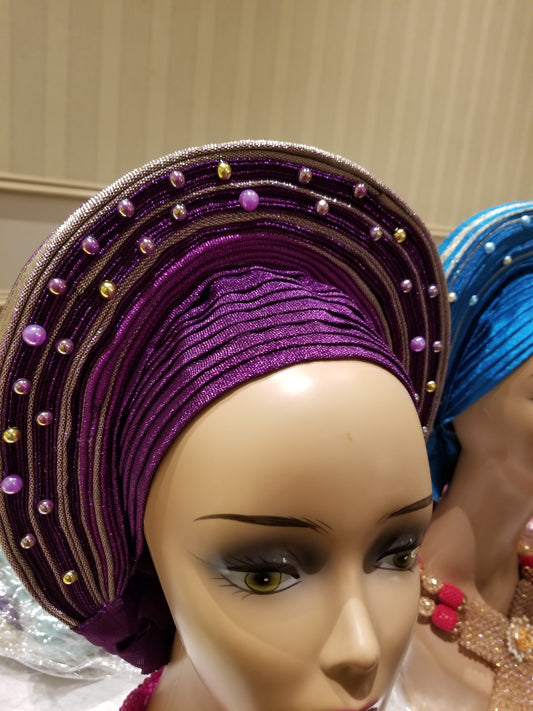 Purple/silver Auto-gele made with quality Aso-oke. Beaded and stoned quality hand work. One size fit, easy to adjust for fit and knot at the back