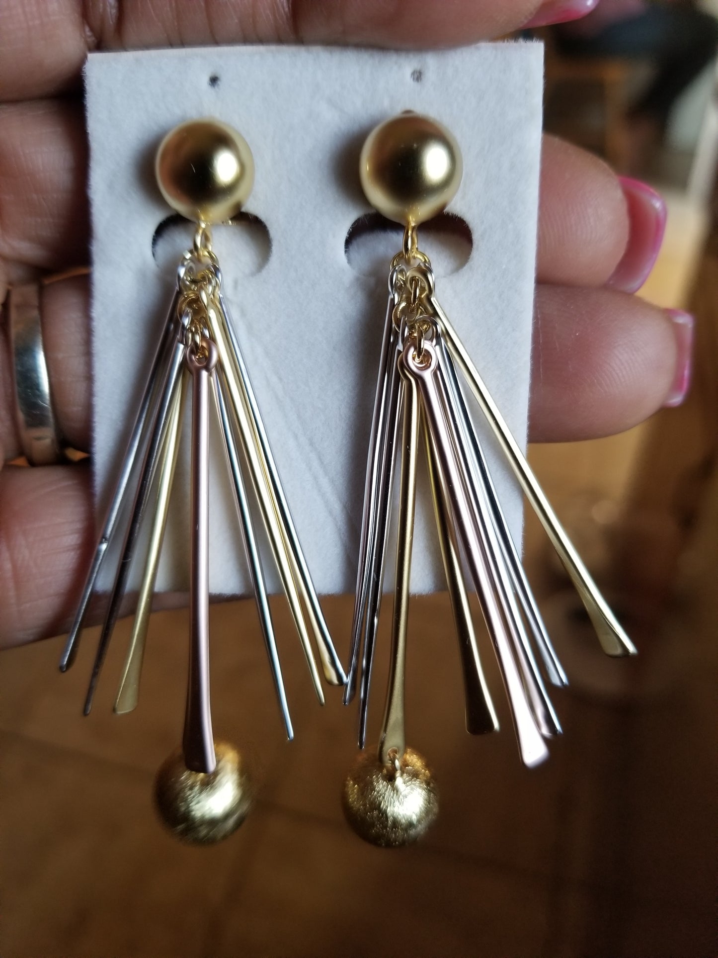 Latest drop-earrings in 3 tone electroplating. Top quality made hypoallergenic. Long lasting. Light weight earrings
