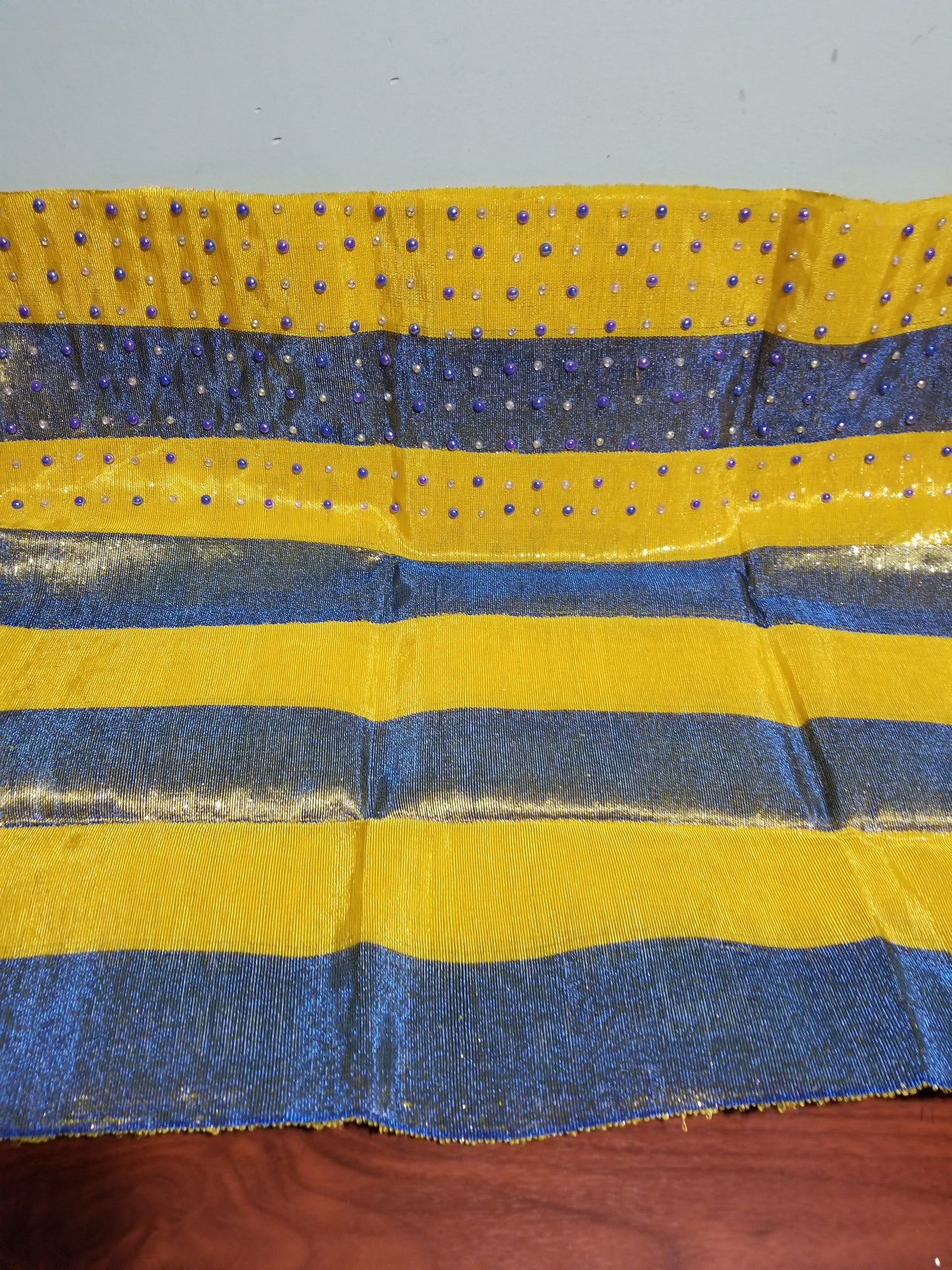 Clearance sale: metalice Yellow/royalblue aso-oke gele bedazzled border with pearls. Extra large width for making big gele. Nigerian Traditional Aso-oke head wrap. Buy gele only or gele/fila for men cap. Made in Nigeria