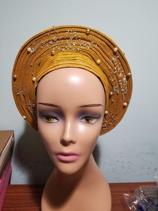 Gold Auto-gele. Nigerian aso-oke made into auto gele. beaded gele. Party ready in less than 5 minutes. One size fit, easy adjustment at the back
