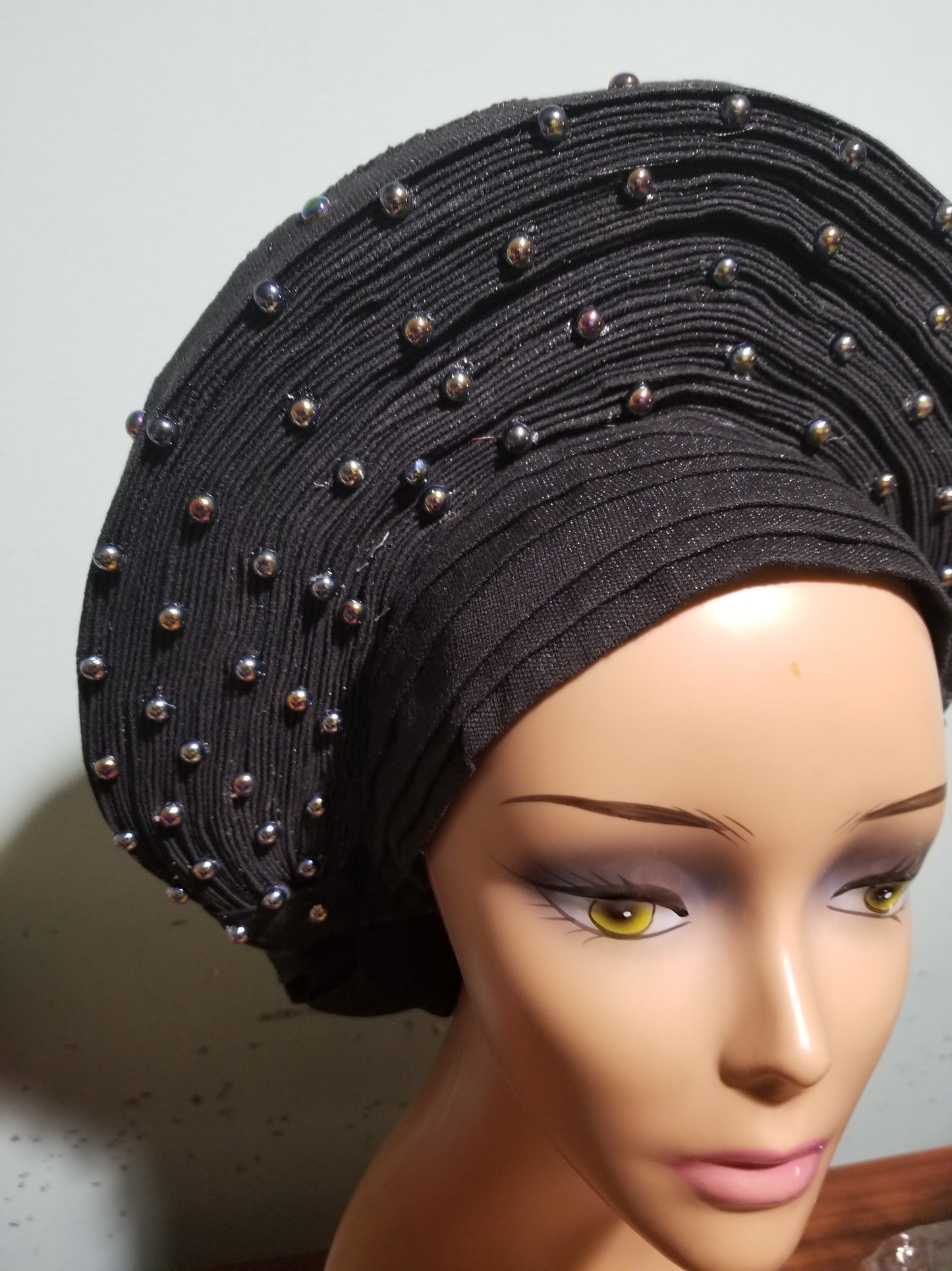 Latest Nigeria gele. Black Auto-gele. Nigerian aso-oke made into auto gele. beaded gele. Party ready in less than 5 minutes. One size fit, easy adjustment at the back