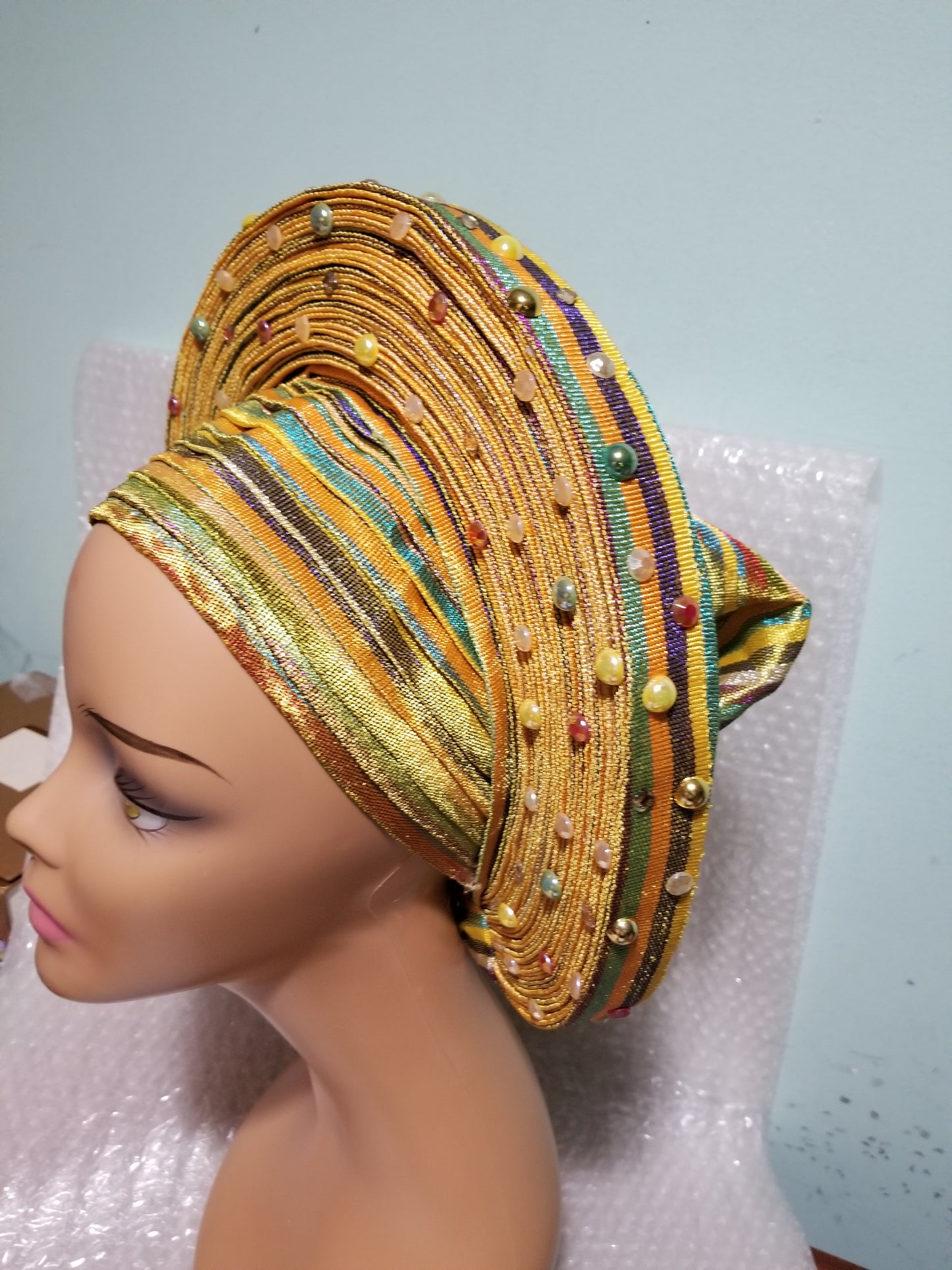 Yellow Gold multi-color Auto-gele. Nigerian aso-oke made into auto gele. beaded gele. Party ready in less than 5 minutes. One size fit, easy adjustment at the back