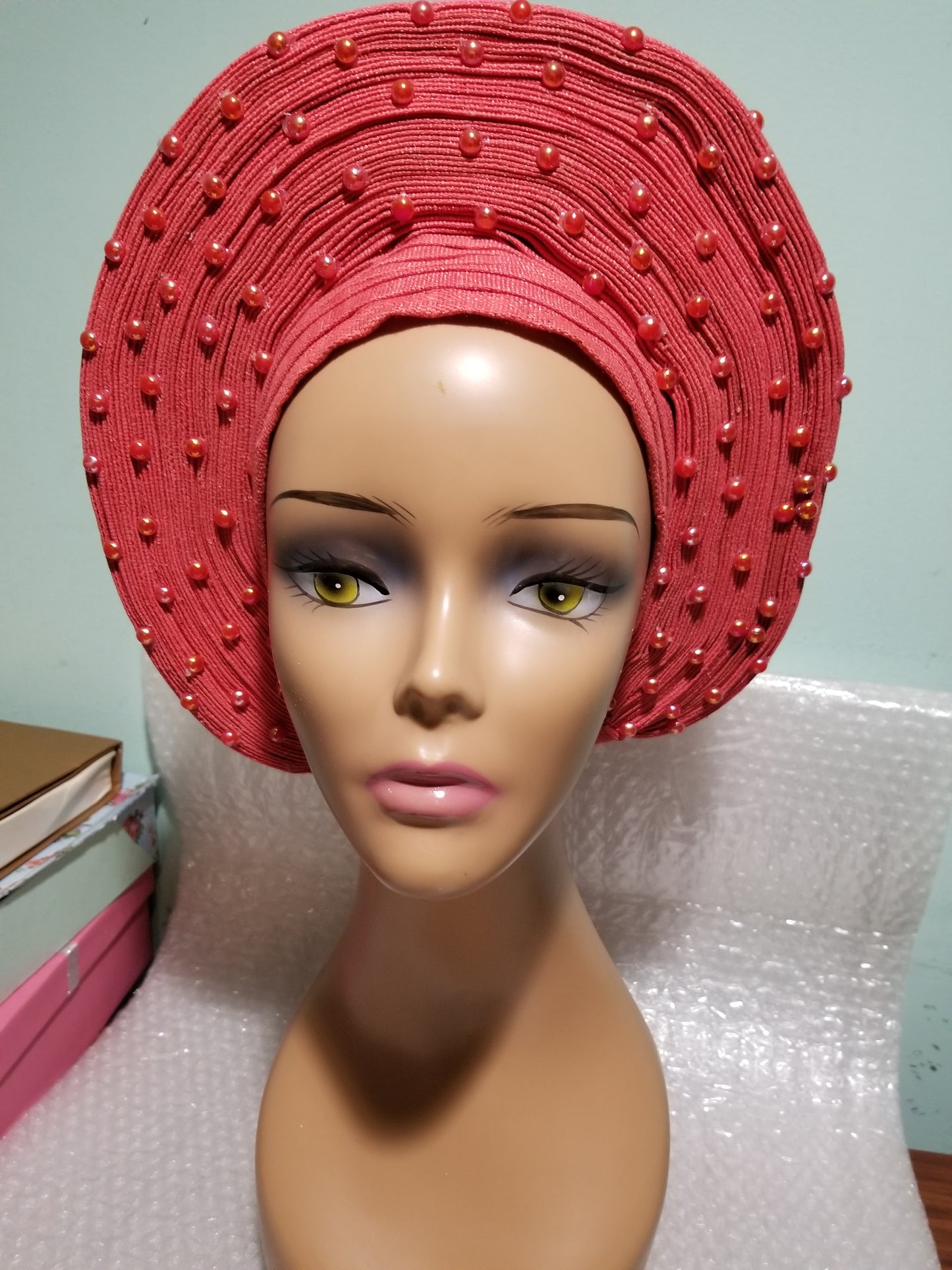 Coral color Auto-gele. Nigerian aso-oke made into auto gele. Silver color, beaded and stoned. Party ready in less than 5 minutes. One size fit, easy adjustment at the back