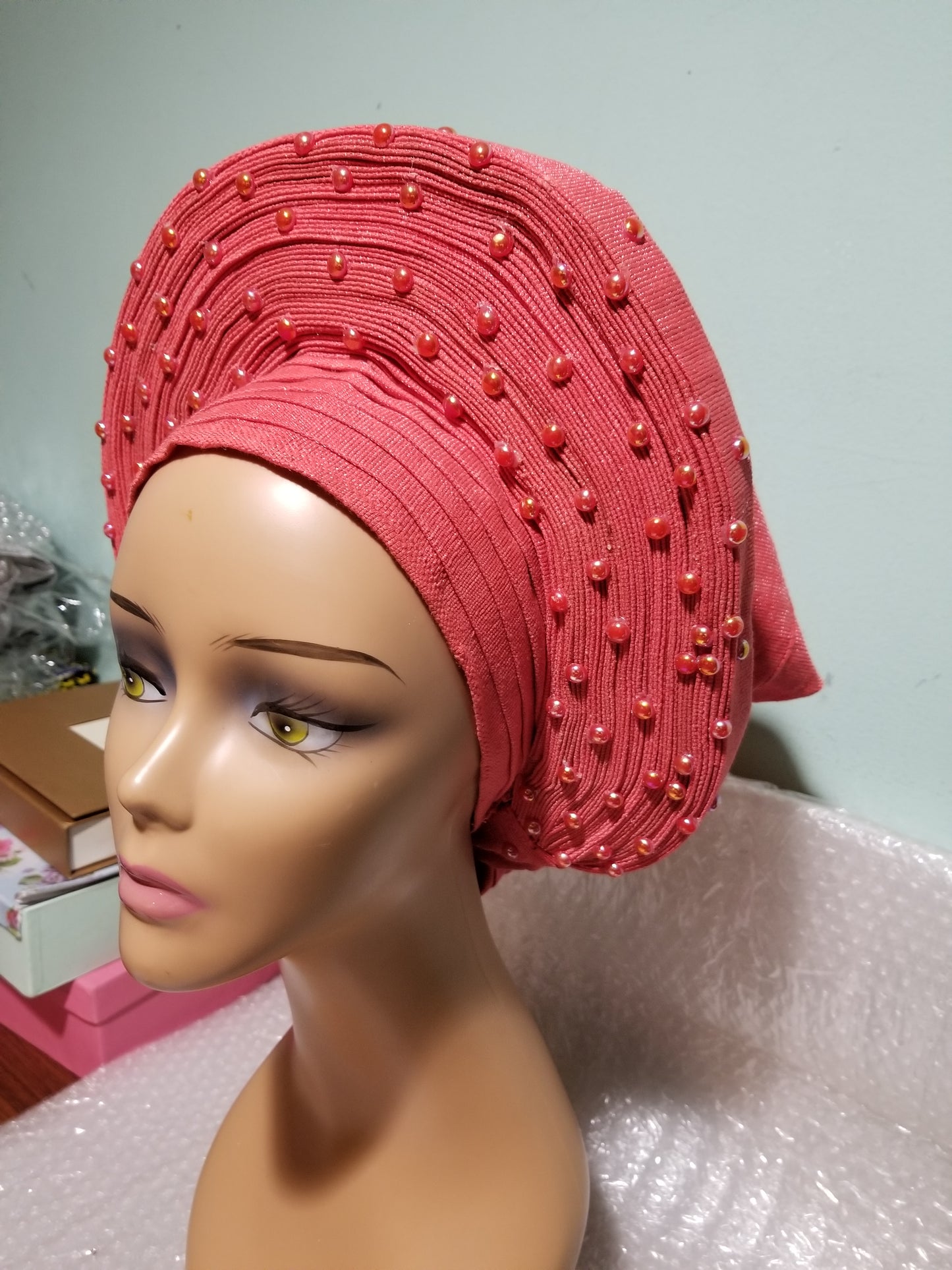 Coral color Auto-gele. Nigerian aso-oke made into auto gele. Silver color, beaded and stoned. Party ready in less than 5 minutes. One size fit, easy adjustment at the back