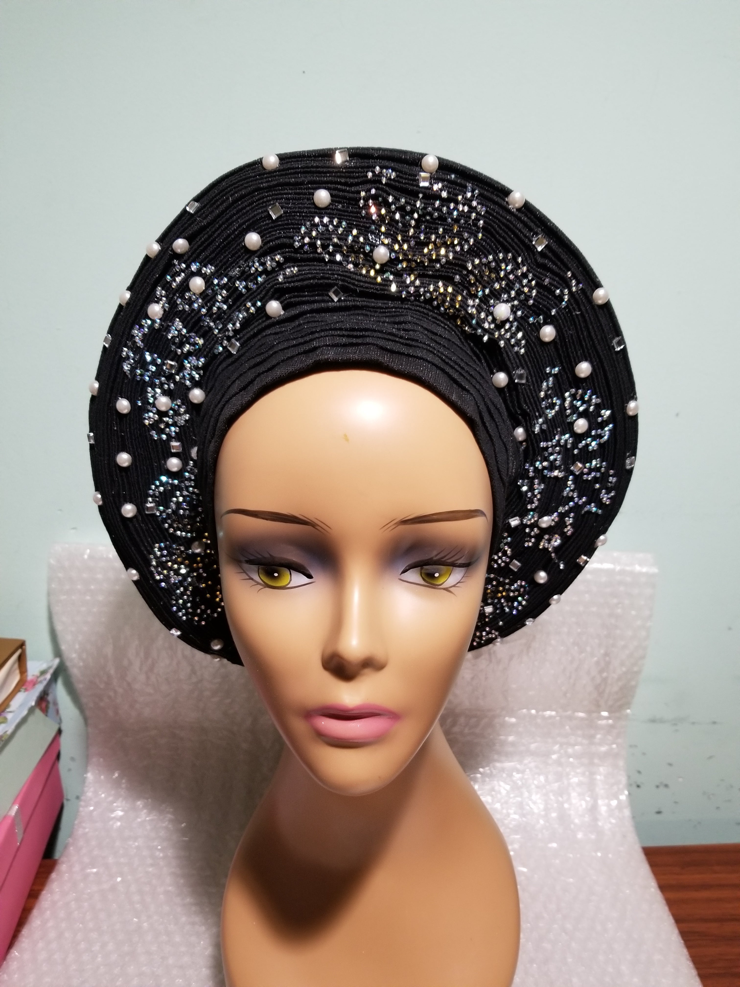 Clearance: Black beaded and stoned auto-gele. Wahala free gele aleeady ...