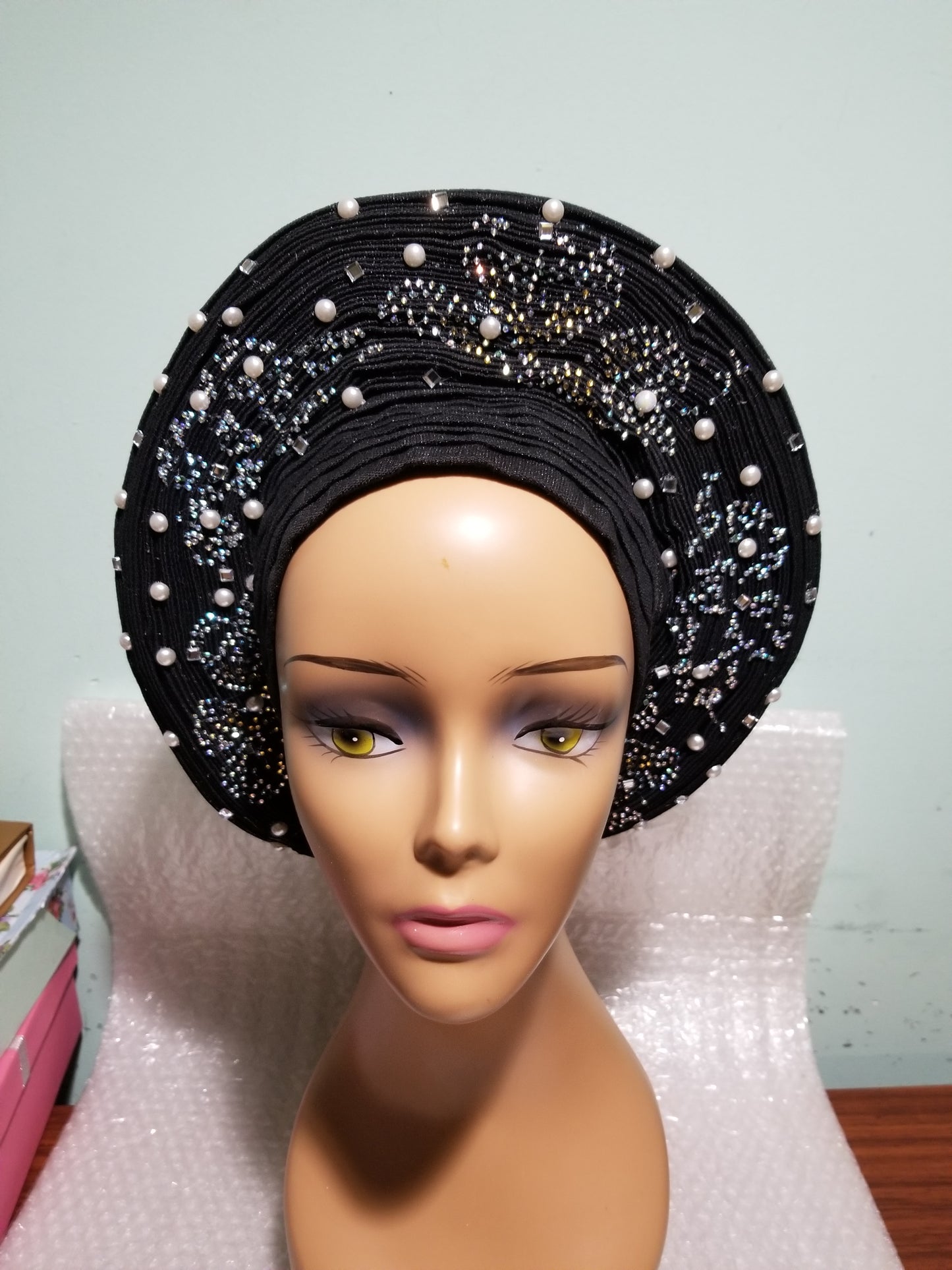 Clearance: Black beaded and stoned auto-gele. Wahala free gele aleeady made for you. One piece with adjustment to fit at the back