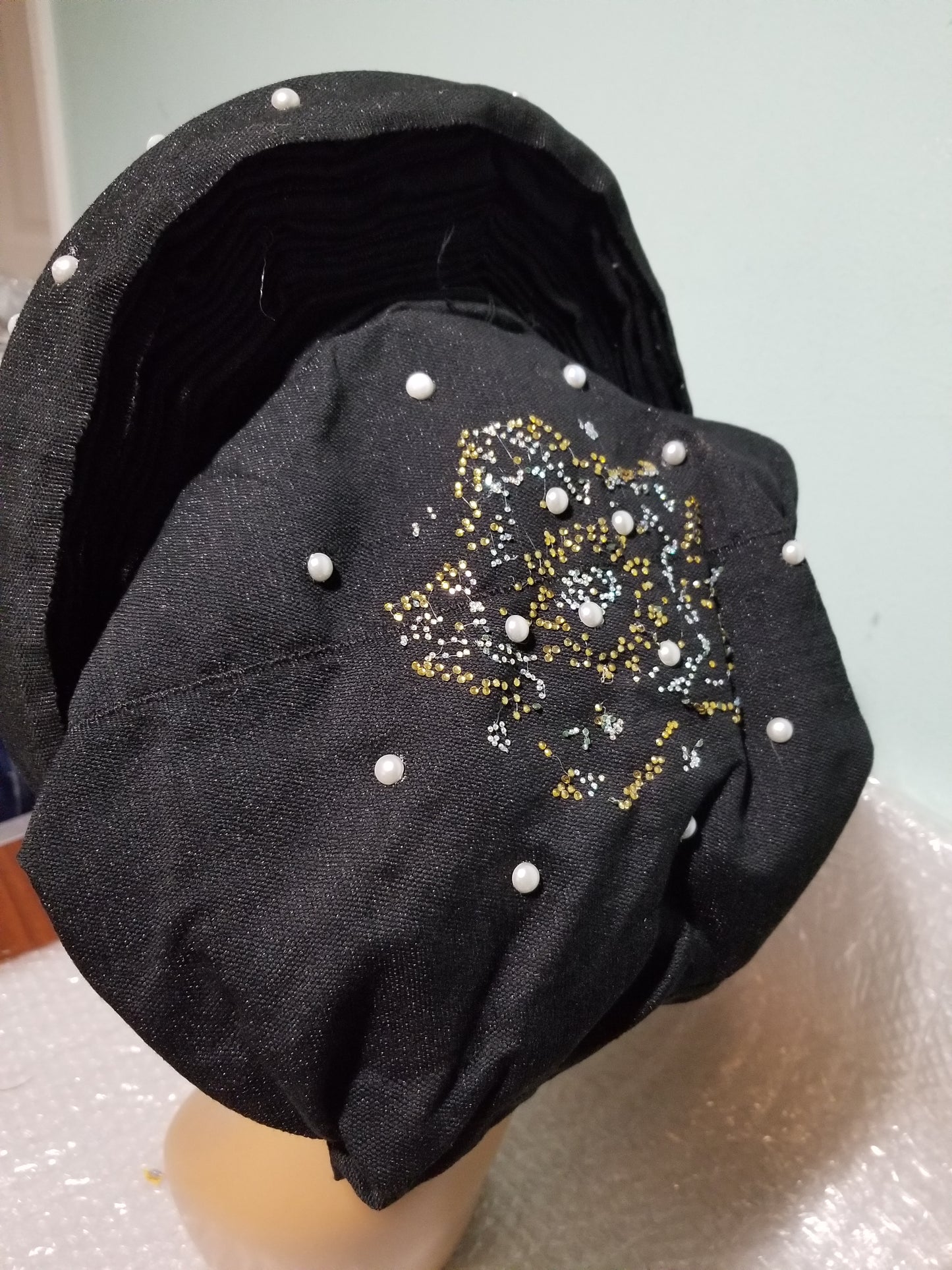 Clearance: Black beaded and stoned auto-gele. Wahala free gele aleeady made for you. One piece with adjustment to fit at the back