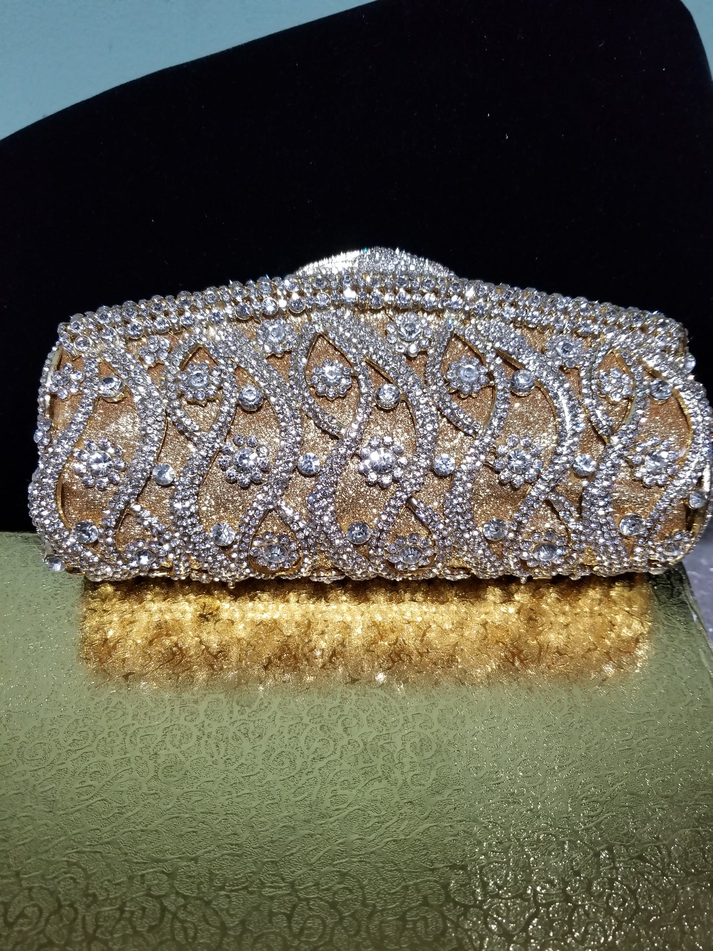 Sale Quality evening hand clutch. Crystal Clutch/purse. 8" long x 5" wide. All over dazzling crystal stones. Gold/silver crystal stones