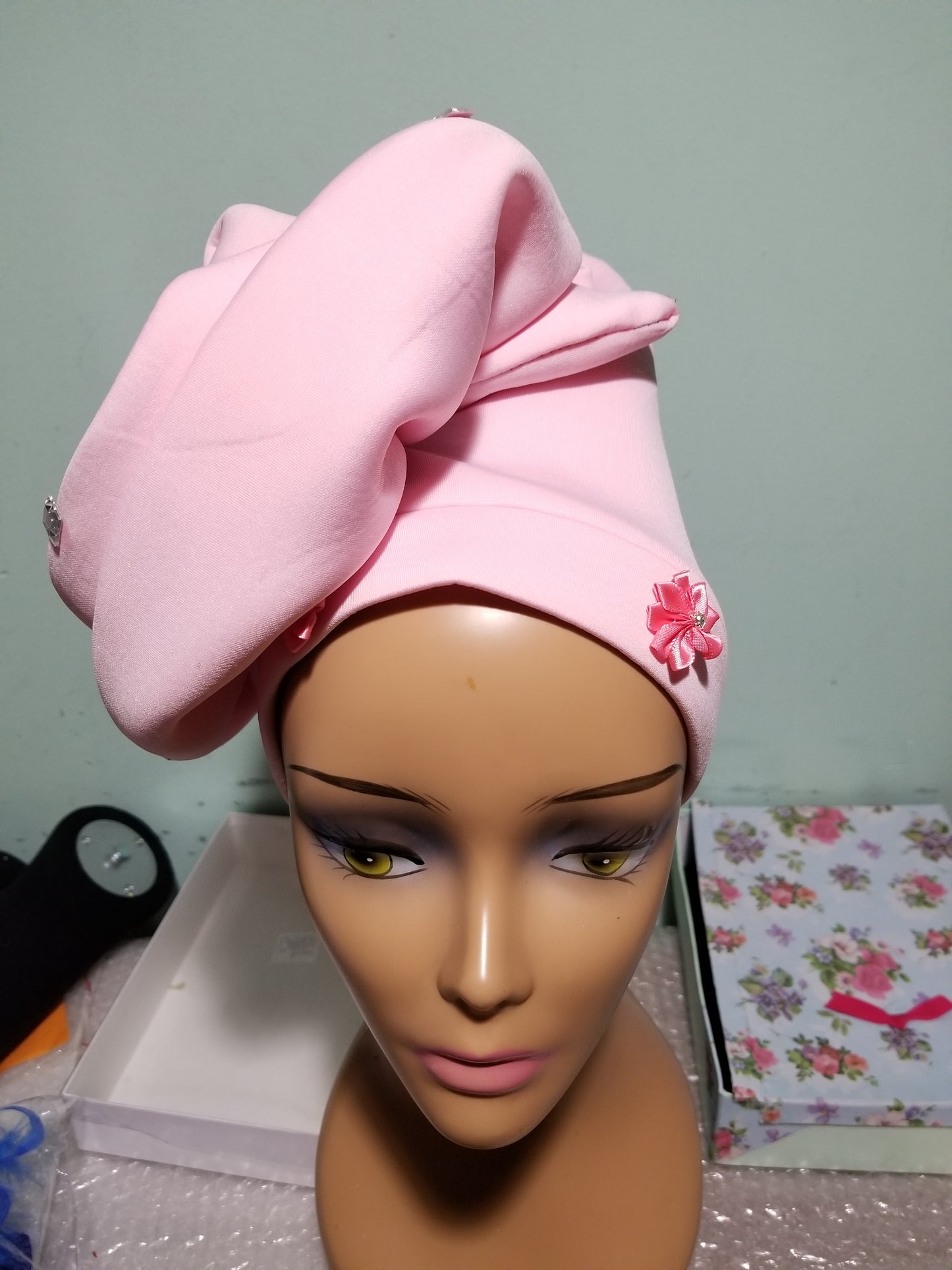 Baby pink color Women-turban. One size fit all turban. Beautiful flower design with a side brooch to add decor to your turban