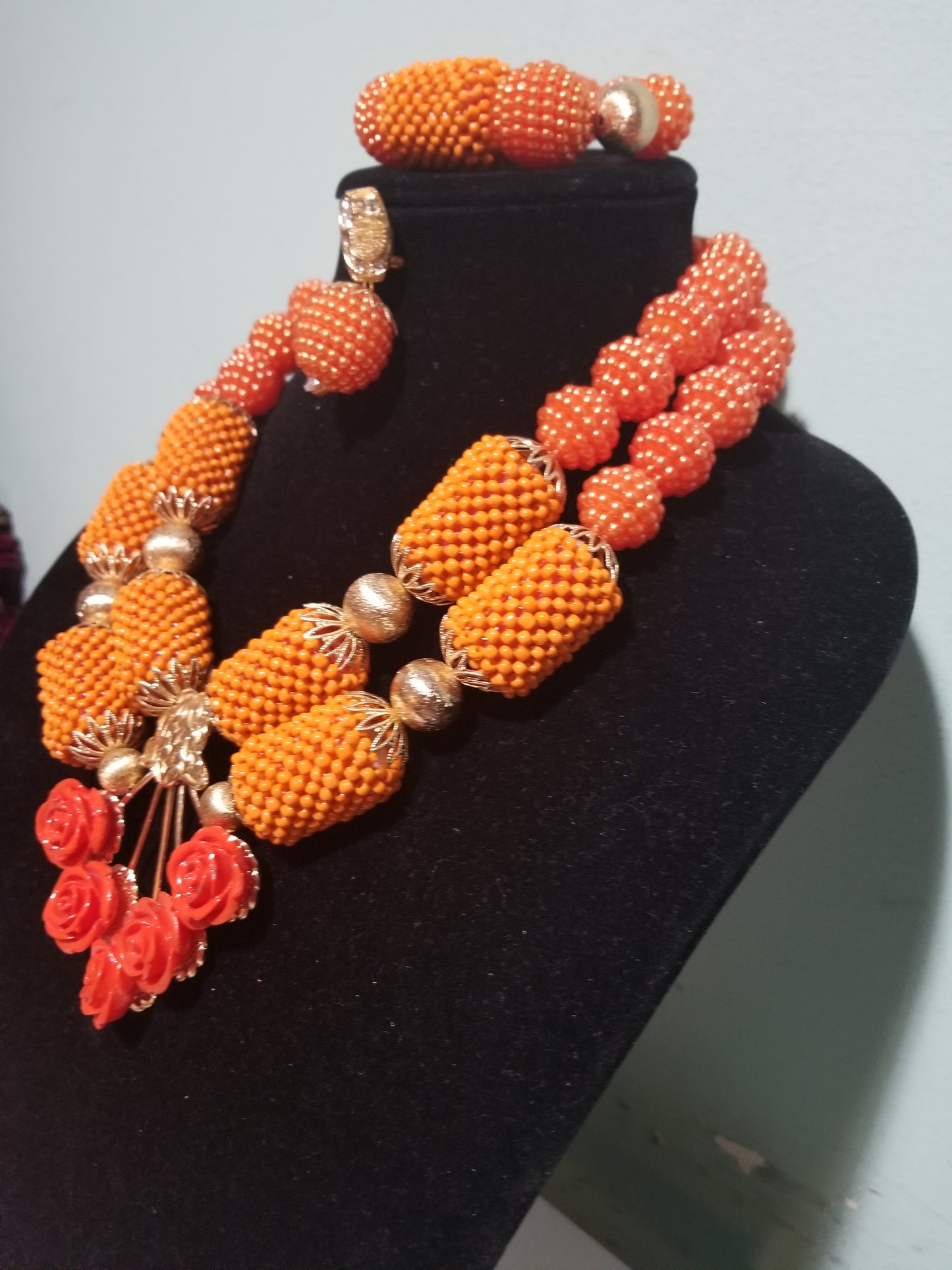 Clearance: back in stock orange beaded coral-necklace set in 2 rows. Orange pendant for a beautiful look. Sold as a set
