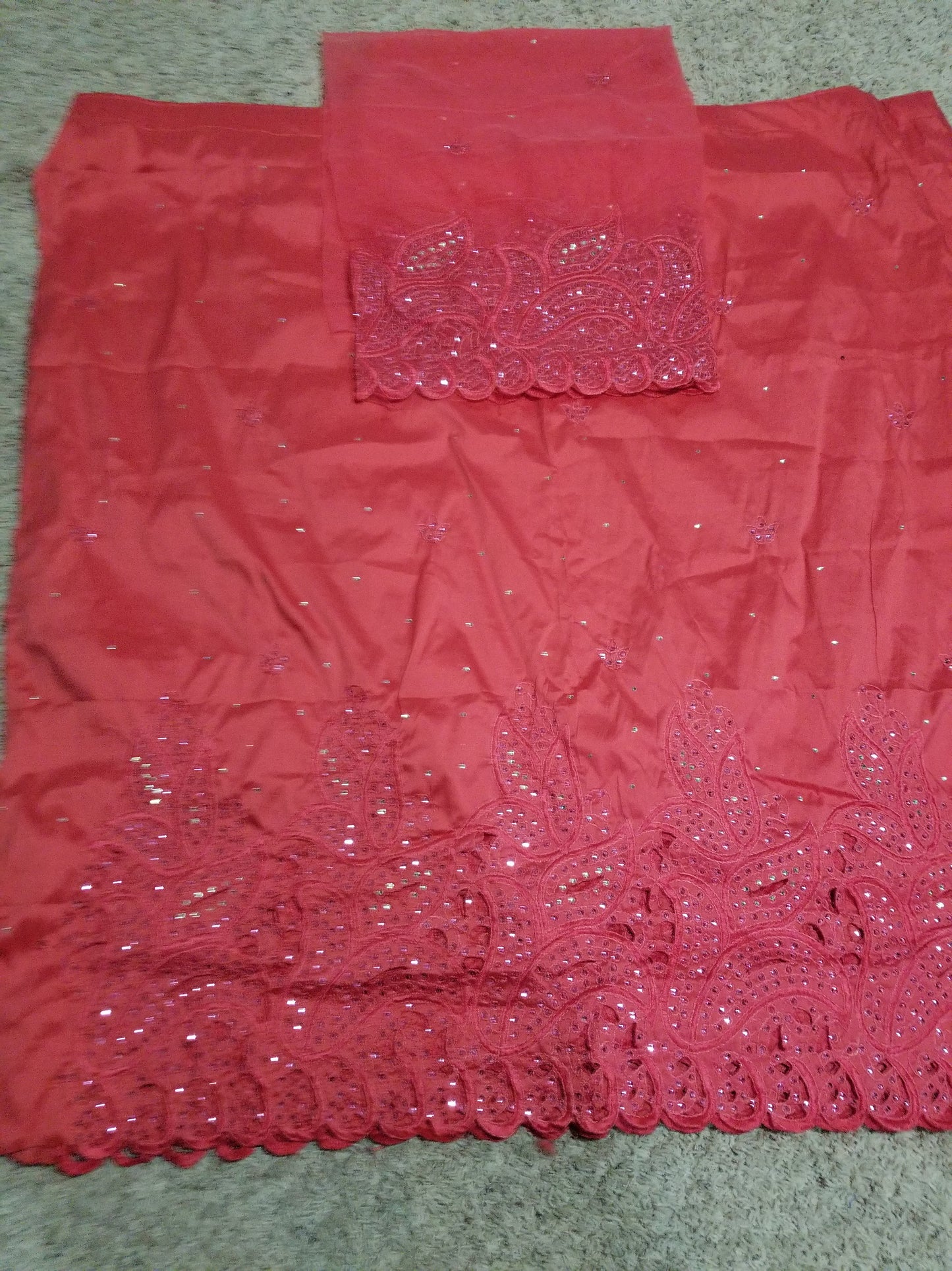 Special sale of quality coral Embroidery silk George wrapper + net blouse. Small-George. Sold as a set of 5yds wrapper and 1.8yds matching blouse