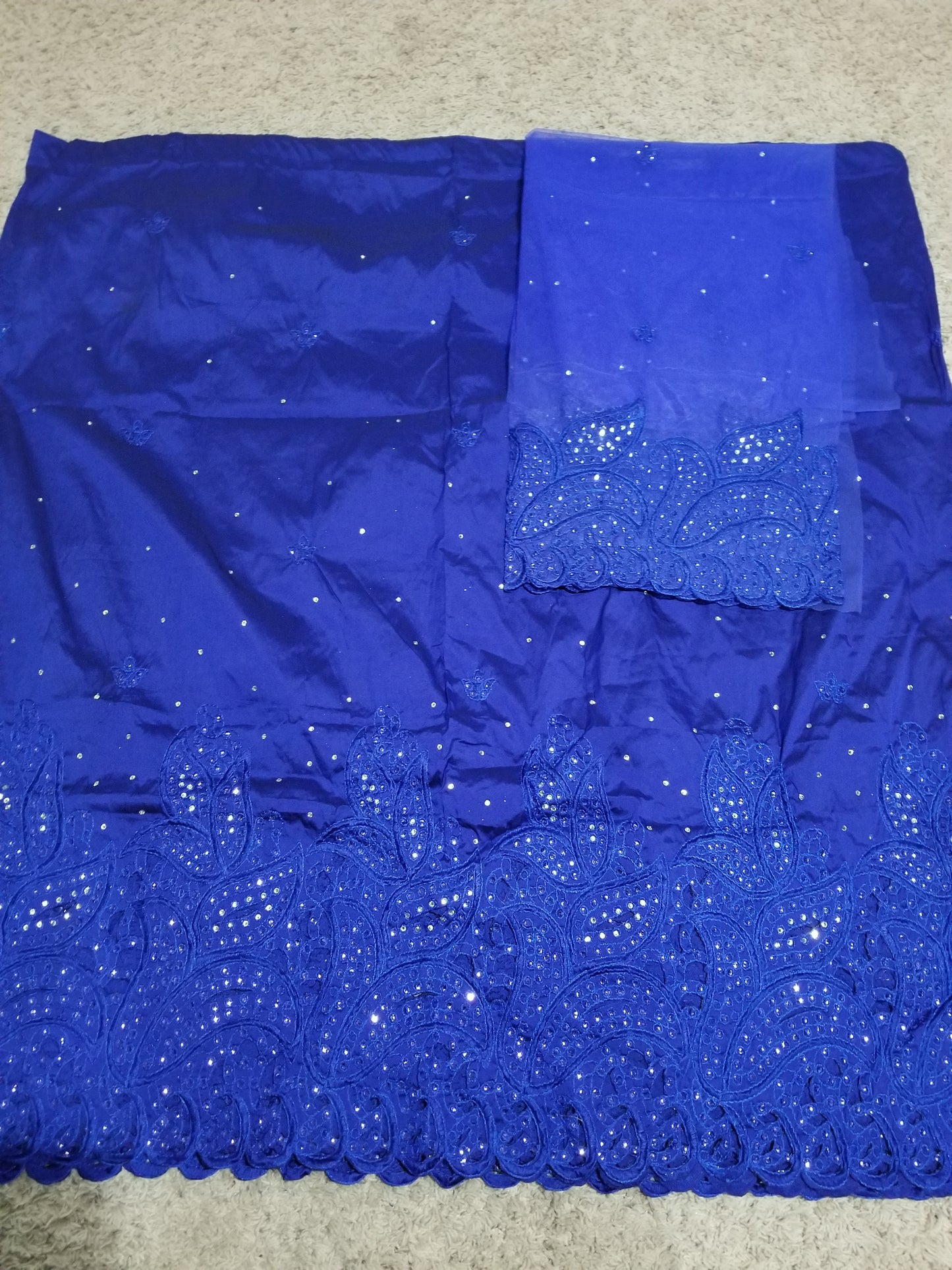 Special sale of quality royal blue  Embroidery silk George wrapper + net blouse. Small-George. Sold as a set of 5yds wrapper and 1.8yds matching blouse