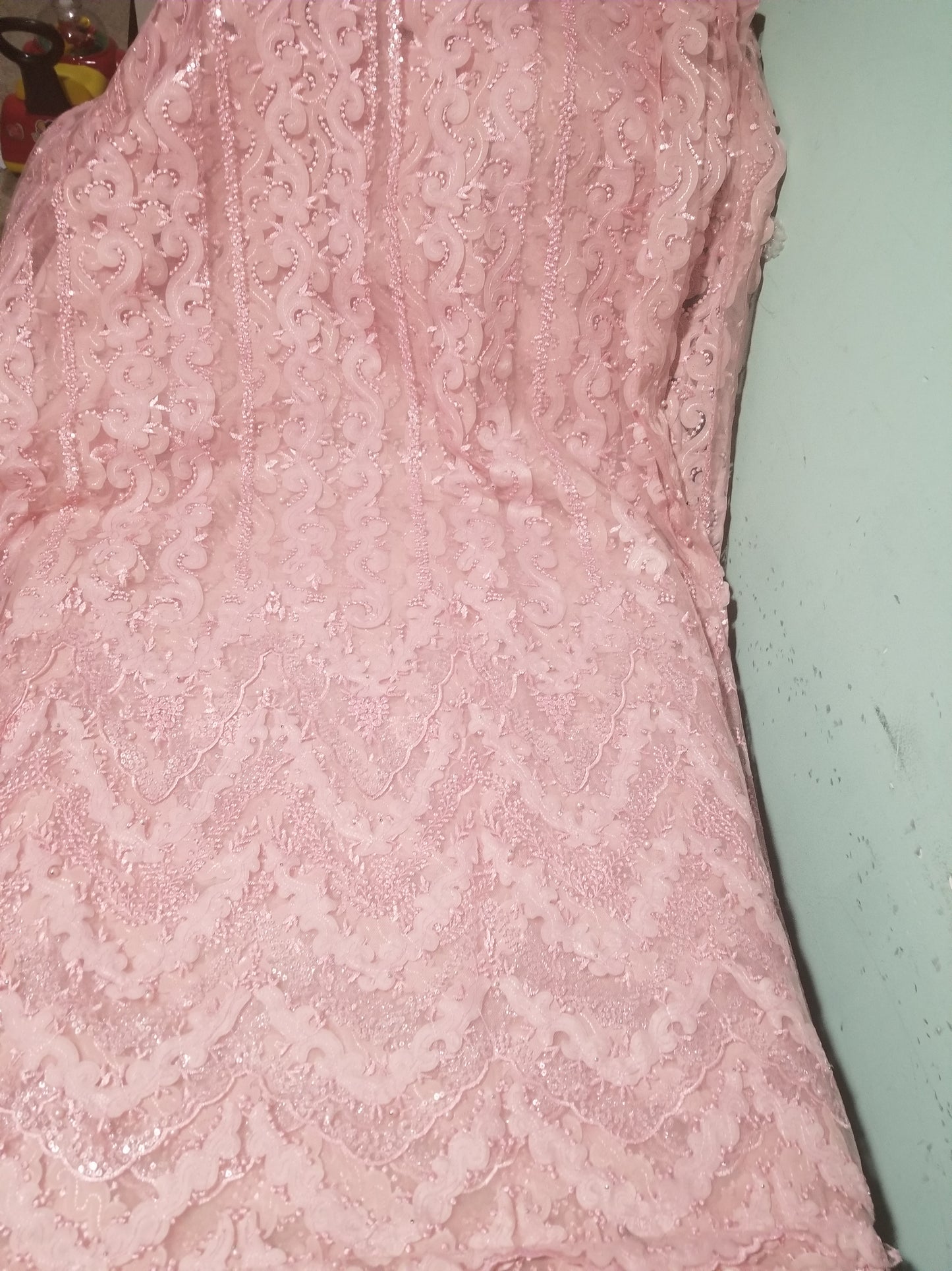 New arrival soft pink net French lace fabric. Quality lace stoned with pearls and sequins. Sold per 5yds. African french lace fabric. Rich quality for wedding dress