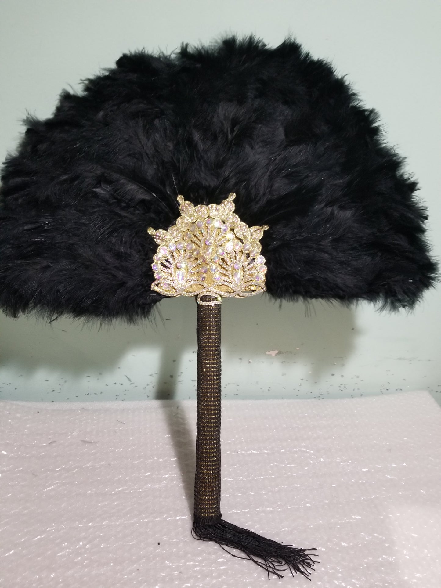Black/Gold, Nigerian hand made Feather hand fan. Custom made, front/back same design. Large size fluffy feather fan Nigerian Bridal-accessories design with flower petal/stones. long handle with tassles