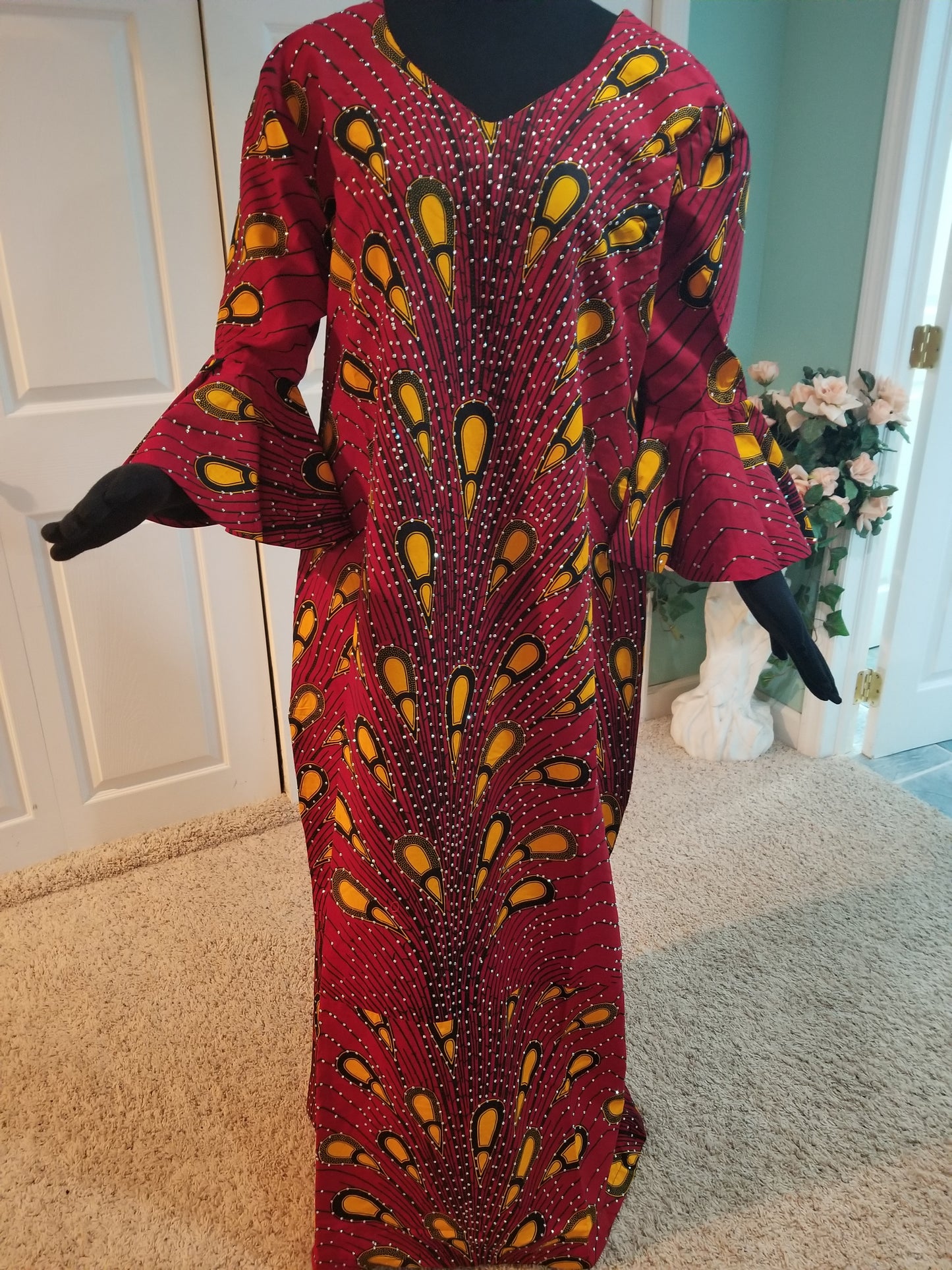 Clearance: red  Ankara-dress, embellished with shinning Swarovski stones to perfection! Fit Burst 46" and 59" lenght shoulder to floor. Made with Quality hitarget Ankara. Comes with a matching headtie. Flared sleeves