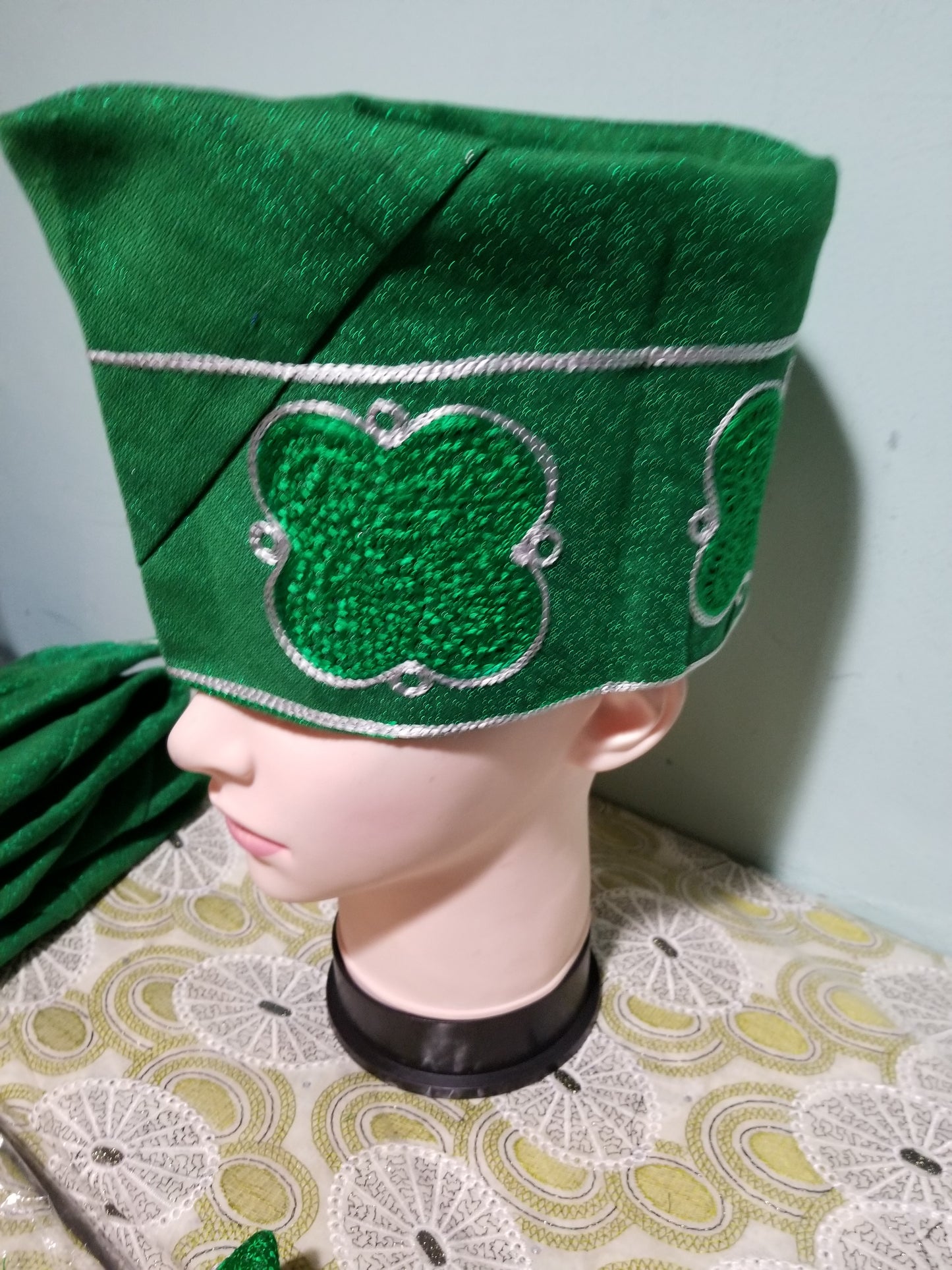 New arrival Green Nigerian Agbada men-Cap made with Aso-oke with embroidery. Size is 23", & 24"  inches. Measure your head circumference before you place your order!!