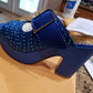 Sale, Sale Royal blue Made in Italy platform sandal/shoe. Side buckle sandal  Size 39. Original Italian Leather shoe. 4" heel, crystal stone design