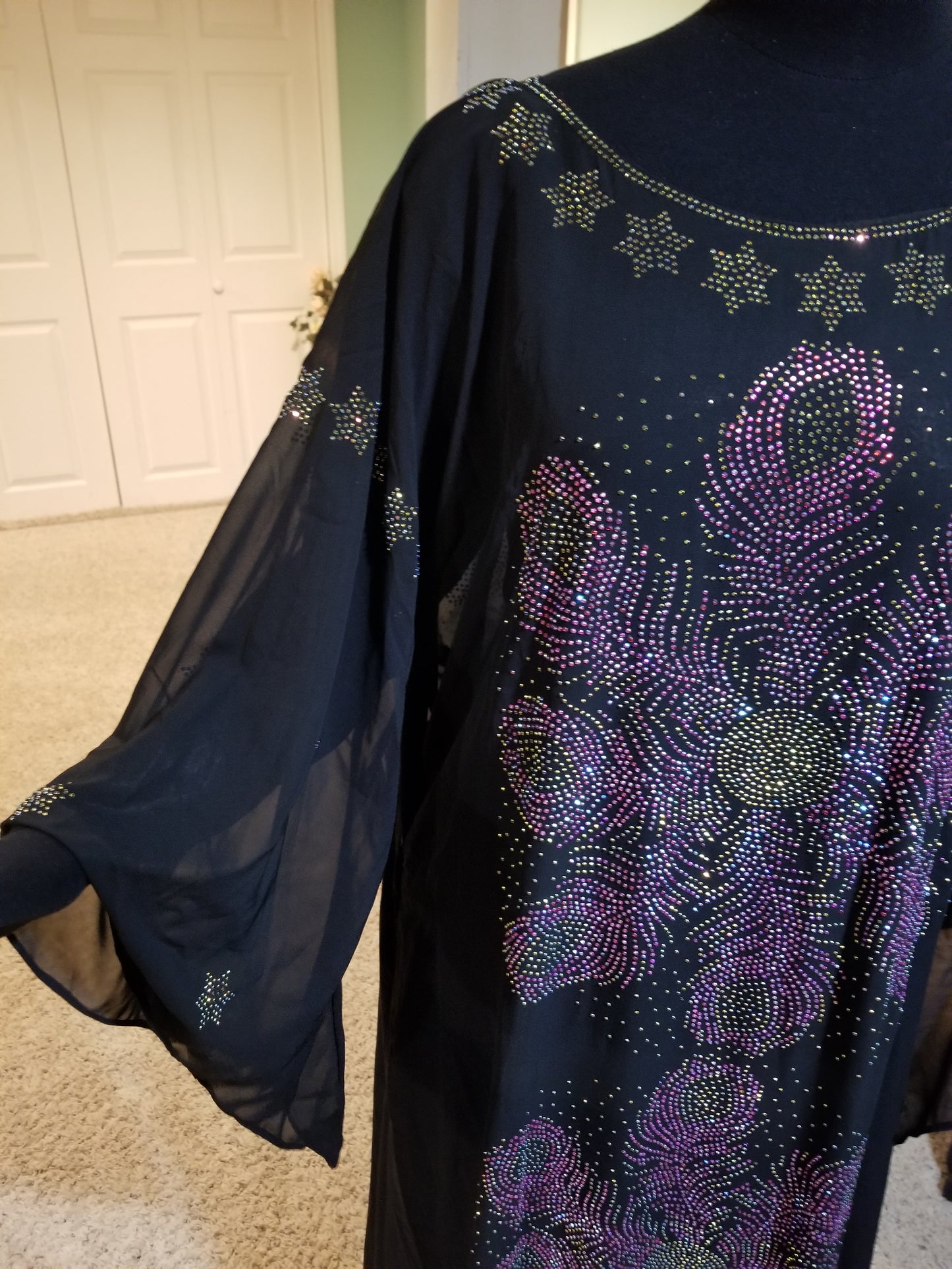 Ready to ship: Black dubai kaftan  dress. free flowing embellished with Multi color Swarovski stones front and back dress to perfection. Availablein size, M,L,XL and XXL.. Chiffon includes headtie. 60' long