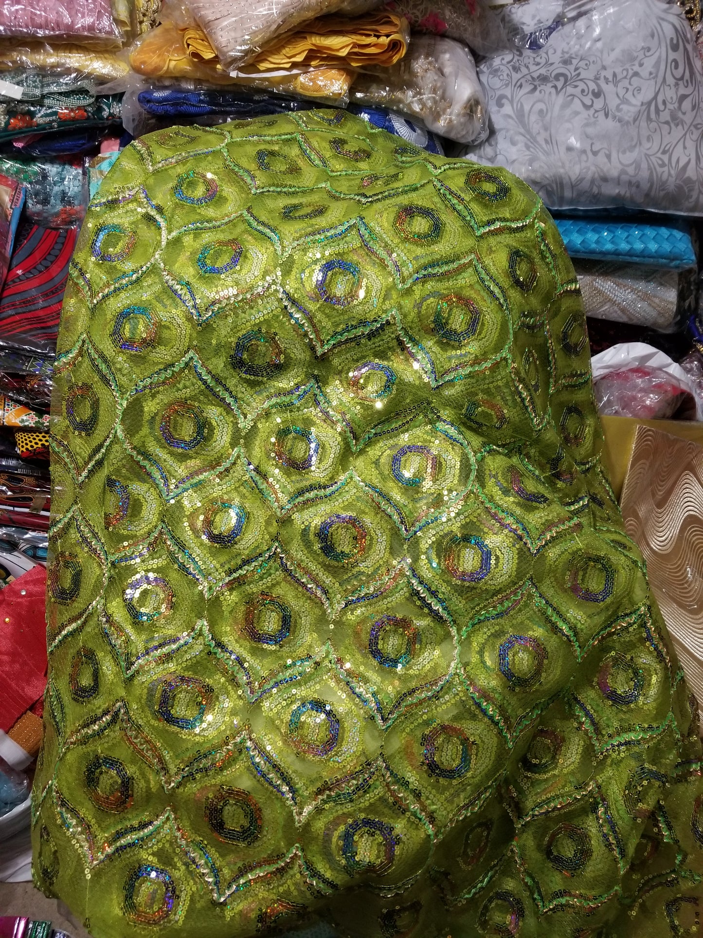Clearance: Lemon green sequence net French lace fabric for making Blouses for wrapper or dresses. Igbo/Delta/Edo women blouse fabric. This is about 2yrds total piece for sale. Can be use to combination style. 5yds lenght,