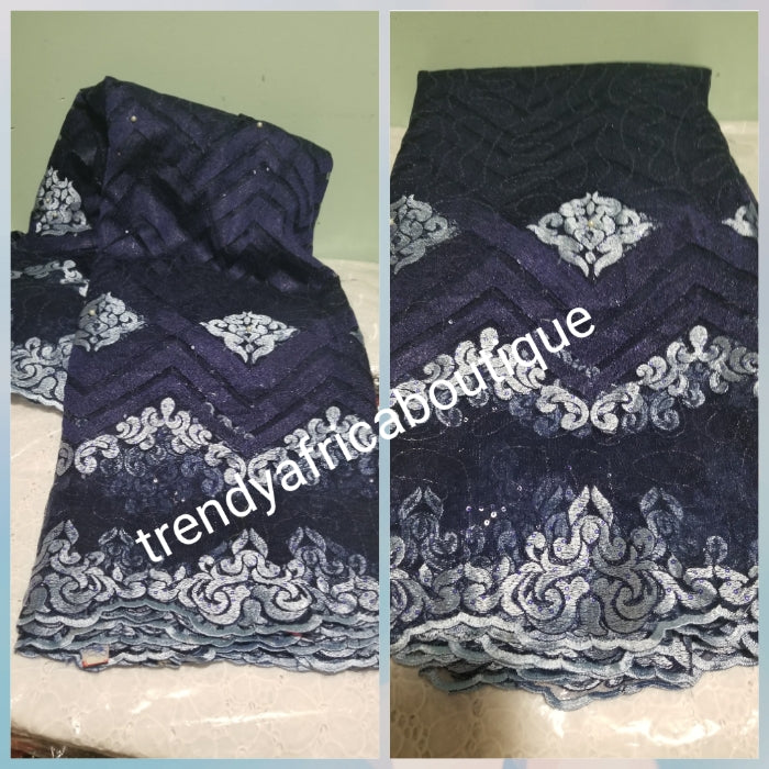 New Arrival African Lustrouse quality French Lace fabric for Nigerian/African Party wear. Sold per 5yds. This is Navy blue/sky blue embriodery/sequence lace
