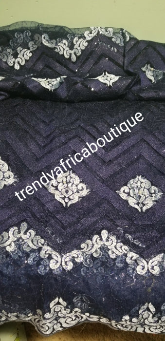 New Arrival African Lustrouse quality French Lace fabric for Nigerian/African Party wear. Sold per 5yds. This is Navy blue/sky blue embriodery/sequence lace
