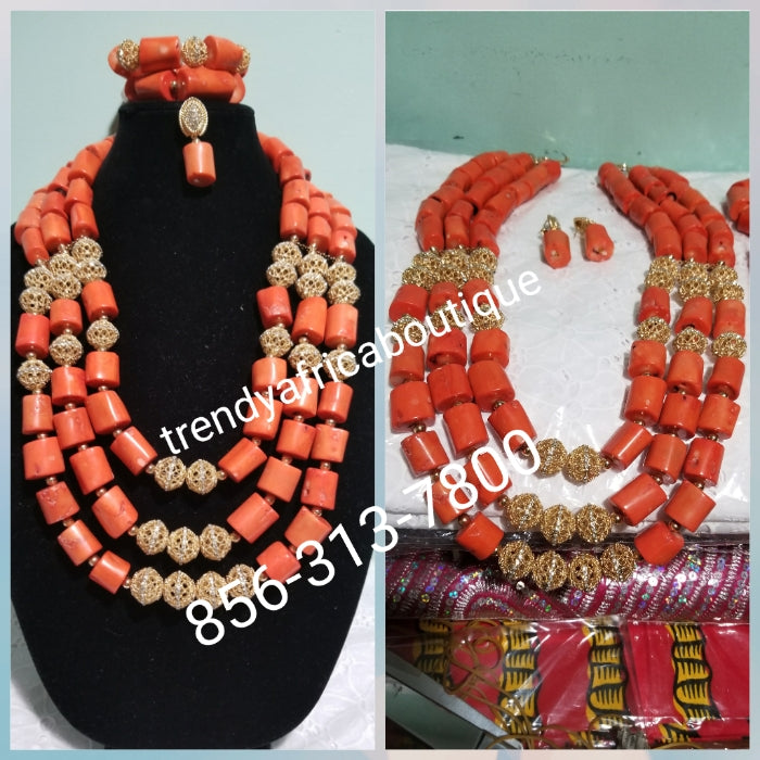 Edo/Benin Original traditional coral beaded-necklace  set. 3 roles with bracelets and earrings. Ideal for celebrant