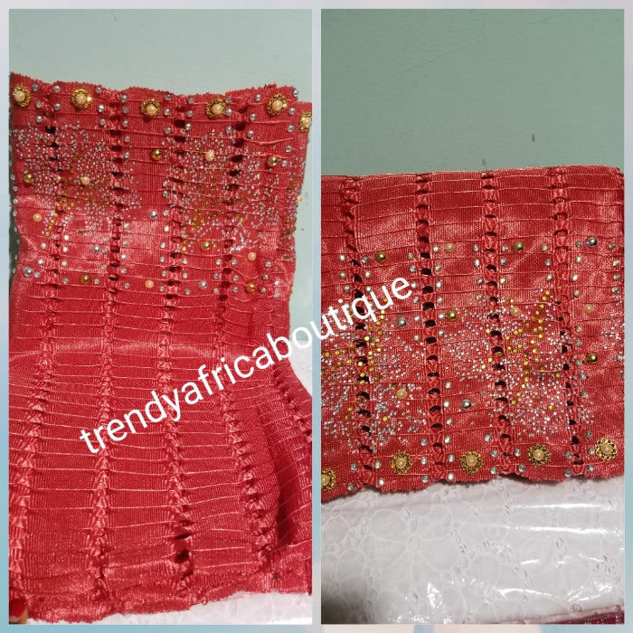 Beaddazzled Aso-oke Gele in sweet coral color. Super quality Nigerian Traditional Aso-oke Gele for a beautiful headwrap. Sold as Gele only