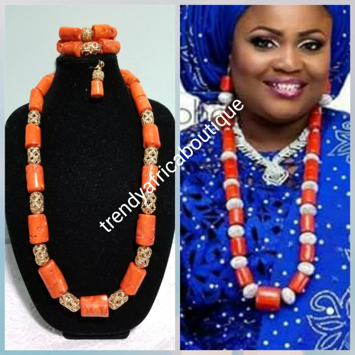 Original Edo Native bead.Coral beaded necklace set for Nigerian/Edo traditional wedding.  sold as set. Coral-necklace, earrings and bracelet