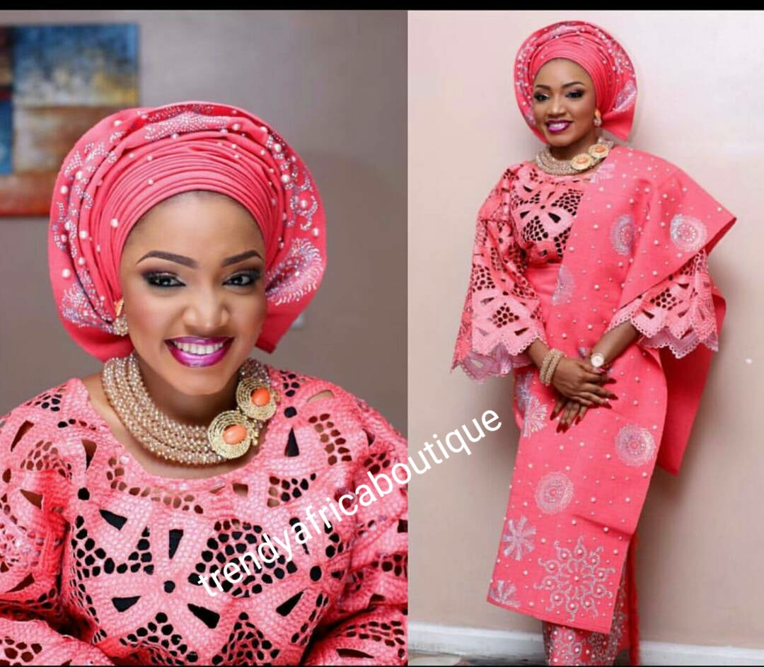 Exclusive Custom-made 4pcs women Aso-oke set for Traditional wedding Bride/CELEBRANT   Full hand cut Buba to perfection. Beaddazzled hand stoned wrapper, gele/Ipele. Coral pink color shown here, can be made in any color of your choice. Made-to-order.