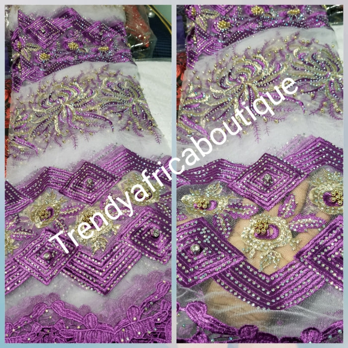 New arrival African French Lace Fabric. Fully beaded amd stoned/ richly design for that special Ocassion. Sweet purple french Lace for Nigerian big party