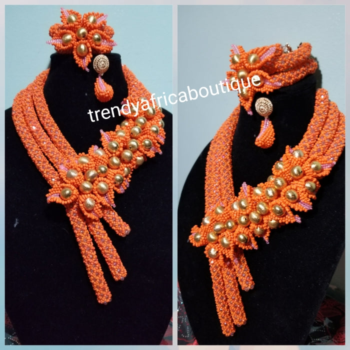 Sale sale: Classic Peach hand made 3 rows Nigerian/African design Celebrant beaded Necklace set. 3 row coral-necklace set for Nigerian Bride.