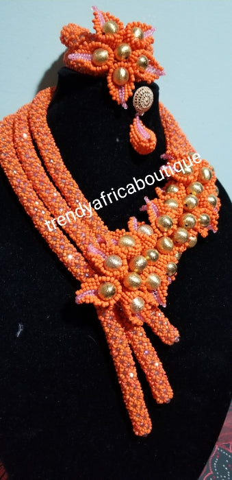 Sale sale: Classic Peach hand made 3 rows Nigerian/African design Celebrant beaded Necklace set. 3 row coral-necklace set for Nigerian Bride.
