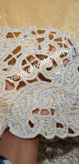 Sale: VIP New Arrival Original Silk George wrapper. Gold color hand  Stoned/hamd cut work to perfection for that special Nigerian Ceremonies. For Igbo Traditional wedding Bridal outfit. 5yds wrapper and 1.8 yrds matching blouse