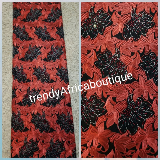 Quality Red/black Swiss lace fabric for African party. Embellished with Dazzling red &silver crystals. Sold 5yds