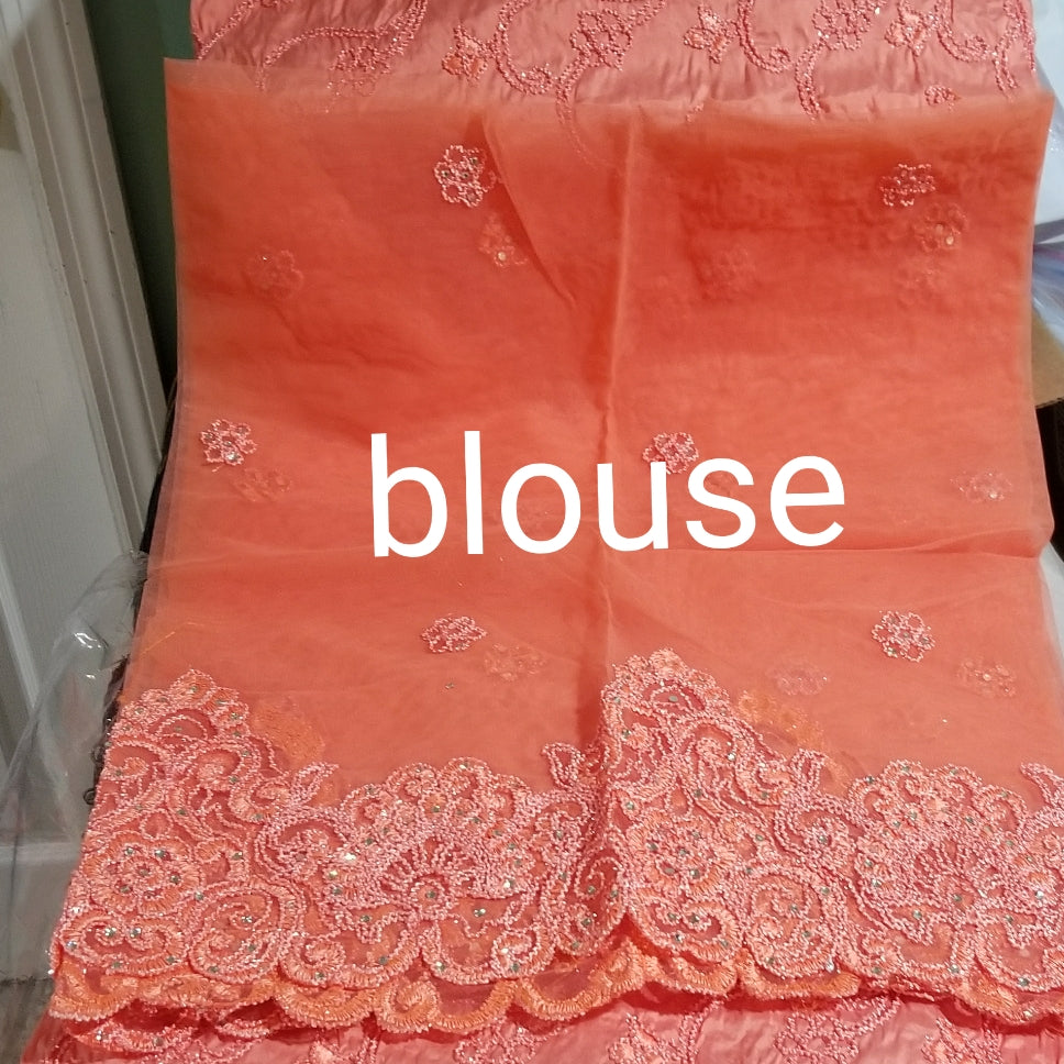 Special sale: small-George Peach Embroidery taffeta silk George wrapper for making Nigerian special Ocassion dresses. Sold 5yrds wrapper + 1.8yds net blouse