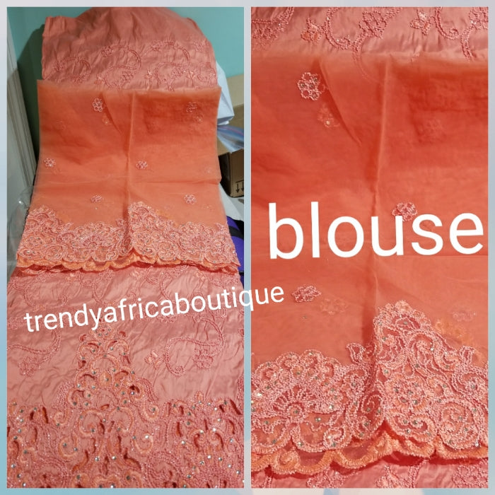 Special sale: small-George Peach Embroidery taffeta silk George wrapper for making Nigerian special Ocassion dresses. Sold 5yrds wrapper + 1.8yds net blouse