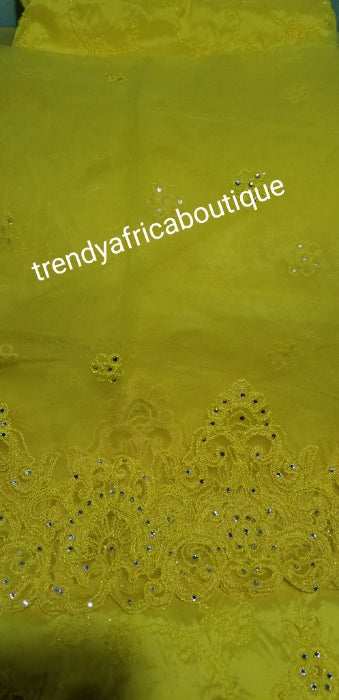 Special Sale: Quality Embroidery Silk George wrapper sweet Yellow  Color. Full 5yard and 1.8yds matching blouse fancy Indian-George for making Nigerian/African party dresses