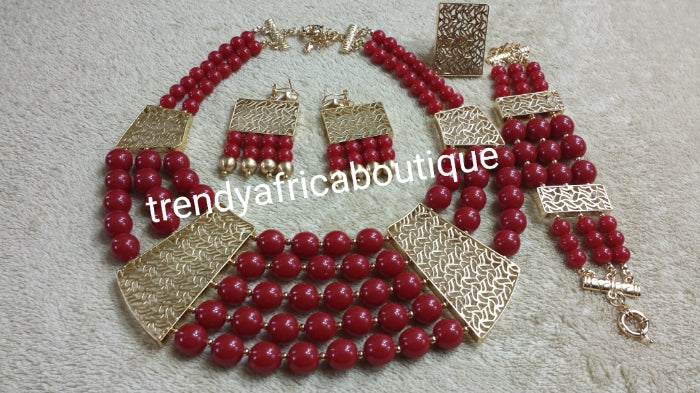 4pcs Choker beaded necklace set in 18k Gold plating/Wine beads. Necklace/bracelet/ring/earrings. Sold per set. Clearance.
