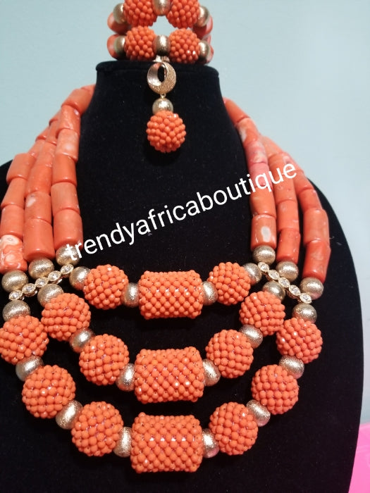 Sale sale: Original Edo/Nigerian women Coral-necklace set. 3 row  latest cora bead set for African Celebrants.