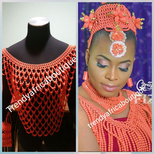 Edo/Igbo Nigerian traditional Bridal Coral bead shawl/blouse  for traditional wedding. Bridal accessories for ceremoney. Coral-necklace Shawl.