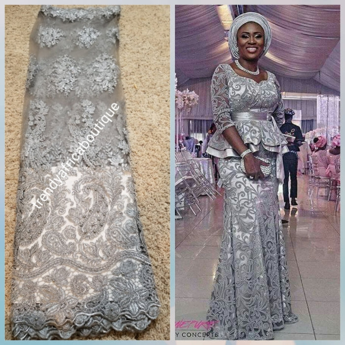 New arrival ash/Gray net French lace. Swiss Quality lace stoned with pearls and crystal. Sold per 5yds. Nigerian french lace fabric. Rich quality for wedding dress