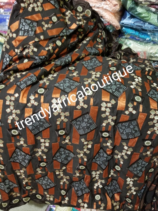 Bonus Sale: Original Quality Big Swiss lace fabric for Nigerian\African Celebrants. Chocolate brown/Orange with all over crystal stones. Coffee brown lace. Sold with orange gele (headtie)