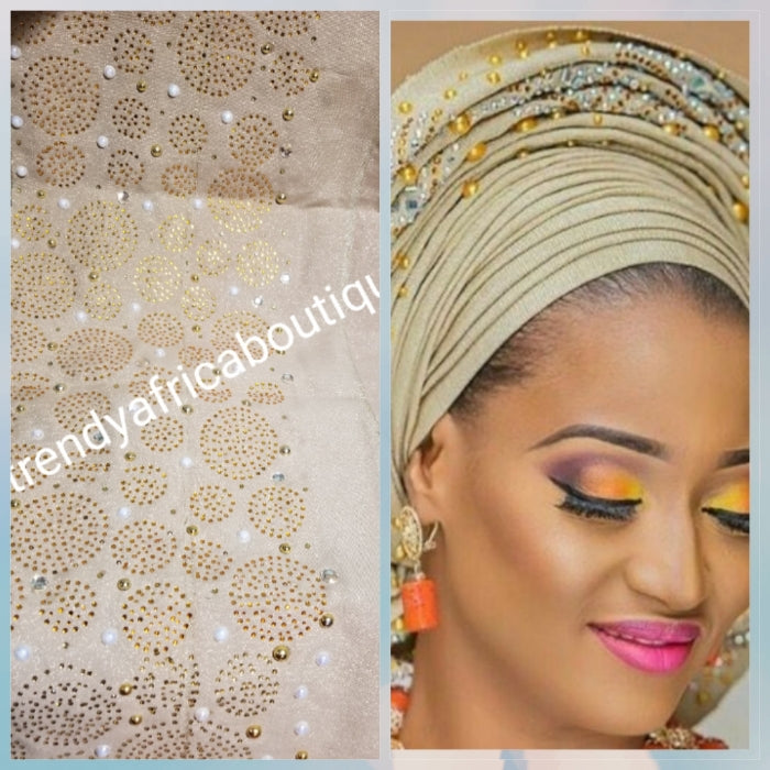 Champagne gold beaded/stones Aso-oke for making gele headtie. Nigerian traditional Aso-oke. Quality at its beast. Gele only